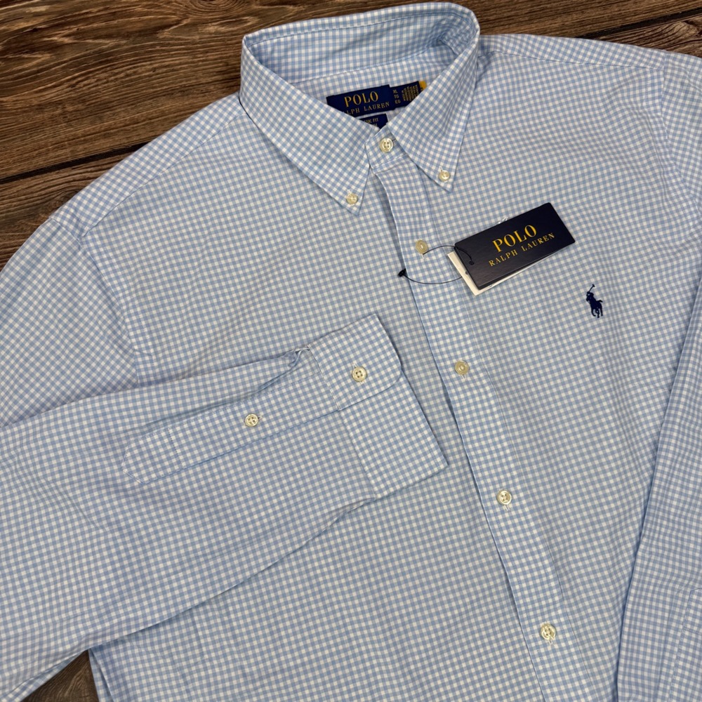 Polo Ralph Lauren Mens XL Button Down Shirt Blue Gingham Classic Stretch NEW